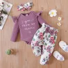 Kinderkleidungssets, Mädchen-Outfits, Säugling, fliegende Ärmel, Buchstaben-Tops + Sonnenblumen-Blume, Leopardenmuster, Hosen + Stirnband, 3 Teile/Satz, Frühlings-Herbst-Babykleidung