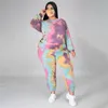 Plus size 3X 4X women designer bigger size two piece set outfits fall winter tracksuits pullover sweatshirt+pants tie dye sportswear 4059