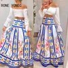 Women Chic V neck Off shoulder Long Flared Sleeves Solid Tops and All over Print bottoms skirt Sets 220302