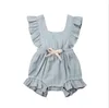 Baby flicka kläder spädbarn är ärmlös ruffle rompers toddle cross criss fasta jumpsuits nyfödda boutique onesies klättrar bodysuits lsk8150424