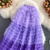 Purple/blauw/oranje gaas lange rok casual hoge taille cascading ruche midi faldas vrouwelijke herfst gedrapeerde saias 2024 nieuwe mode