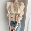 Design Sense Niche Minority Top Blouse Woman Vintage Ruffle Short Sleeve V-neck Sweet Chiffon Thin Shirt Fashion Girl Tops