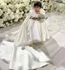 2022 Ivory Vintage Flower Girls' Dresses Baby Infant Toddler Baptism Clothes Satin Ball Gowns Birthday Party Dress Custom Made Puff Sleeve With Tail