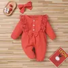 Spring Baby Girl Rompers born Clothes Toddler Flare Sleeve Solid Lace Design Romper Jumpsuit With Headband s 211229