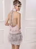 Great Gatsby Short Feather Prom Kleider hoher Nacken funkelnder Perlen Rückenless Mini Pink Festzug Party Spezielle OCN -Kleider plus Größe Heimkehrkleid