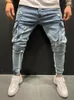 Męskie dżinsy boczne Paski Pencil Pants Hip-Hop Spodni multi-pockets Moto Biker Skinny Jogging Drukowane spodnie