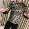 ヒョウハーフタートルネックTシャツメンスリムフィットベルベットTシャツメンズロングスリーブ秋のナイトクラブパーティーストリートウェアトップスティーオム20116