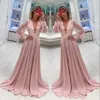 2021 Pink Chiffon Formal Mother Of The Bride Dresses Deep V Neck Long Sleeves Lace Appliques Weddings Party Evening Prom Gowns