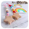 2021 regenbogen infant Nippel clip + baby beißring 2 teile/satz silikon zahnen perlen Holz Neugeborenen Schnuller clip baby schnuller kette