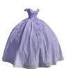 Vestidos de baile quinceanera de tule com brilho e lilás com flores com contas no ombro Vestido Sweet 16 Espartilho bufante nas costas Concurso de festa formal