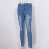 Jeans Women calça com buracos moda jeans de jeans de jeans azuis elásticos e magros de calça rasgada para mulheres que caem em 201109
