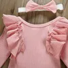 Herfst pasgeboren baby meisje kleding set roze ruches gebreide lange mouw romper bloemen broek hoofdband baby kleding outfits LJ201223