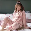 JULY'S SONG Women 2 Pieces Pajama Sets Flannel Winter Pajamas Long Sleeve Full Trousers Girl Sweet Warm Flannel Thick Homewear 201217