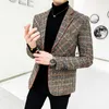 British Style Plaid Blazer for Men Suit Jacket Casual Woolen Wedding Dress Coat Single Business Male Button Veste Costume Homme 222439