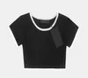 Kadın Örmek T Gömlek Ön Mektup Klasik Kısa Bluz Kırpma Üst Kollu Yuvarlak Yaka Polo Gömlek Pamuk