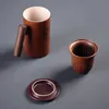 Retro Japanese ceramic mug office tea cup with cover filter liner coarse wooden handle Mug coffee cups Drinkware 220311