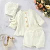 Ny Spring Autumn Infant Baby Girls Pure Color Cardigan Coat + Pants + Hat Clothing Set Kids Suit Girl Knit Set kläder