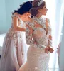 Luxury Full Lace Mermaid Wedding Dresses with Overskirts Jewel Neck Long Sleeves Applique Chapel Train Wedding Dress vestidos de novia