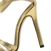 Sandały 2021 Kobieta seksowna elegancka luksusowa kostka Złote 12 -cm wysokie obcasy otwarte palce ślubne