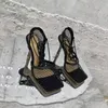 2022 Nouveaux pompes de maille jaune sexy Sandales Femme Square Toe High Heel Heel Heel Lace up Stiletto House Robe de robe creuse