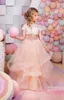 2022 Pink Two Pieces Lace Ball Gown Flower Girl Dresses 3 4 Long Sleeve Vintage Child Pageant Dresses Beautiful258O