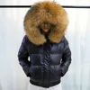 Janveny Waterproof Down Coat Winter Women Puffer Shiny Jacket Natural Raccoon Fur Hooded Short 90% White Duck Down Parkas 201019