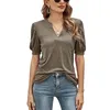 Realfine Summer T Shirts V-Neck Cotton Chiffon Shirts Puff Sleeve T-Shirts For Women Size S-XL