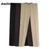 Aachoae Femmes Solide Pantalon élégant Leggings Plissé Côté Jambe Split Crayon Pantalon Lady Zipper Fly Casual Pantalon Skinny Pantalon 201118