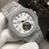 Movimento relógio relógio homem mão-liquidação completa 5711 diamantes real tourbillon mecânico mostrador branco diamante pulseira de aço senhores