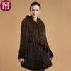 Elegante vrouwen winter gebreide echte nertsen bontjack met hooded vrouwelijke 100% natuurlijke nertsen bont bovenkleding lange stijl jas 201031