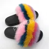 Women's Cute Ladies Winter Furry Plush Fluffy Slippers Real Fox Fur Home Shoes Women Slides Sandals Stripe Flip Flops Y2 20