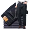 冷たいスリムフィットの伸縮厚いベルベットのズボン暖かいジーンズカジュアルな灰色のフリース冬の男性黒の弾力性Jean 220115