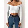 New Fashion Women Ladies Long Sleeve Plain Casual Off Shoulder Blouse Top Slim Fit Crop Short Shirt Black Red White H1230