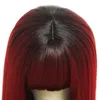 Red Wigs Full Neat Bangs Long Silky Straight Wig Heat Resistant Synthetic Fiber Hair Dark Roots Ombre Color Glueless Full Machine Made