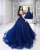 Glamoureuze Sweetheart Sparkle Tulle Sweep Train Deep Royal Blue Prom Avondjurk met Applique