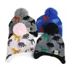 Tecknad dinosaur stickad baby hatt halsduk uppsättning vinter varma pojkar flickor beanie fleecefling toddler barn hatt med pompom