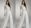 Nieuwe Designer Goedkope Kant Bruiloft Jumpsuits Lange Mouwen Juweel Sheer Neck Hollow Back Applique Chiffon Bridal Suits Huwelijksreceptie Jurken