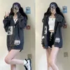 HOUZHOU Grunge Gothic Oversized Grey Women Hoodie E Girl Лоскутные черные толстовки 90-х годов Винтажный стиль Осенние укороченные топы на молнии 220314