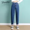 Yitimoky Calças de brim da cintura alta mulher Céu retas Blue Denim Calças Plus Size Elastic Washed Casual Vintage Streetwear Mom Jeans Mulheres 201029