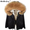 Maomaokong Black Fox Fur Collar Winter Coat Women Jacket Natural Fur Bunny Lined Jacket Coats