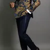 ネイビーブルーフローラルジャキュードプロムメンズウェディング3ピーススリムフィットグルームタキシードアフリカン男性ファッションジャケットパンツw1217294c