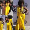 Yellow Fashion Evening Jumpsuit with Long Sleeve Lace Stain Sexy V-neck African Plus Size Prom Dress with Pant Suit