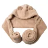 Bonnet à capuche 2 en 1 pour femmes coréennes, longue écharpe, chapeau avec oreilles d'ours mignonnes, épais, moelleux, en peluche, à rabat thermique, hiver