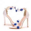 Summer Women Sandals White and blue Lace Fine High Heels Slender Bridal Pumps Wedding Shoes Peep Toes Buckle Strap