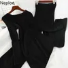 Neploe Knitted 2 Piece Set Women Solid O Neck Long Sleeve Irregular Tops+ Stretch High Waist Pants Fashion Suits 1B183 211221