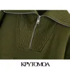 KPYTOMOA Kvinnor Mode med fickor Zip-up Loose Stickad Sweater Vintage High Neck Långärmad Kvinna Pullovers Chic Toppar 211221