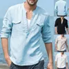 Camicie da uomo Camicia in cotone a maniche lunghe Camicie traspiranti in lino Solido Uomo Casual Slim Fit Colletto alla coreana1277M