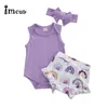 Imcute Дни рождения подарок малыш малыш девочка младенческая дети одежда топы цветок печать радуга боди шорты повязки набор навязки LJ201223