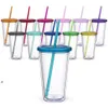 Clear 16oz acrílico tumblers fosco colorido com tampas e canudos duplos parede de plástico tumblers com palha por mar llb14278