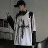 QWEEK Style Gothique Tshirt Mall Tops Punk À Manches Longues T-shirt Surdimensionné Faux Deux Pièces Street Fashion Coréen 220114